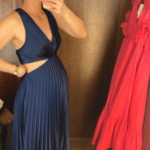Abercrombie pleated satin cutout maxi dress navy